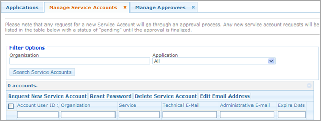 Manage Service Accounts tab