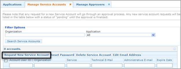 Request New Service Account button
