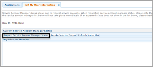 Request Service Account Manager Status button